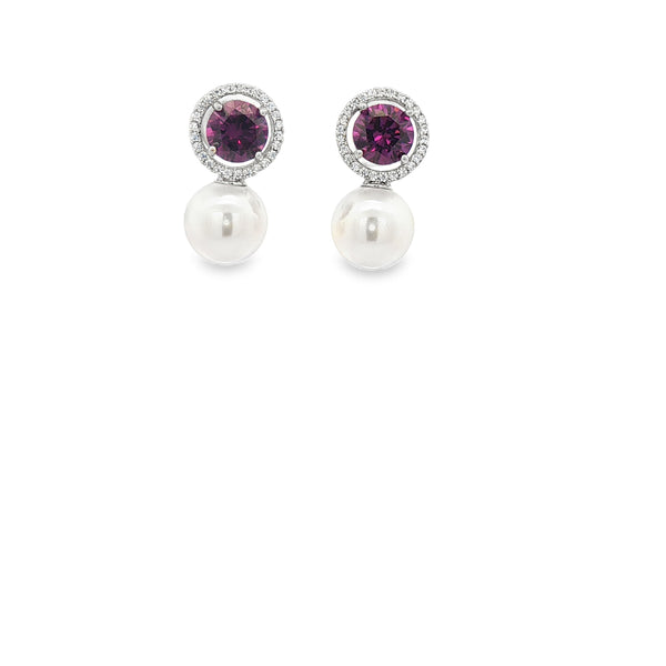 Purple cubic zirconia pearl drop stud earrings in silver tone.