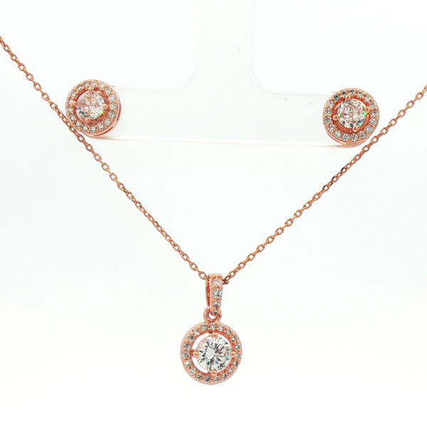 Rose-gold CZ necklace and earring set for women.