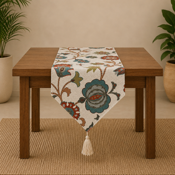 Luxury Floral Table Runner with Tassel | Premium Boho Dining Table Runner for Modern Home Décor