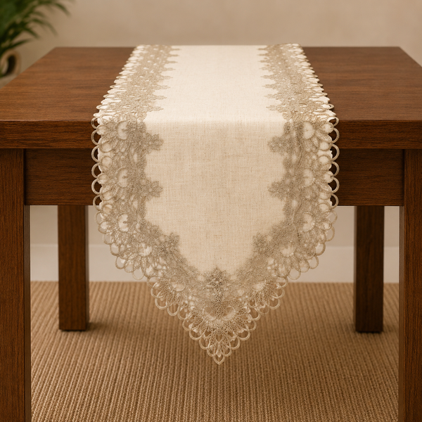 Decorative lace table runner on a wooden table with a neutral background