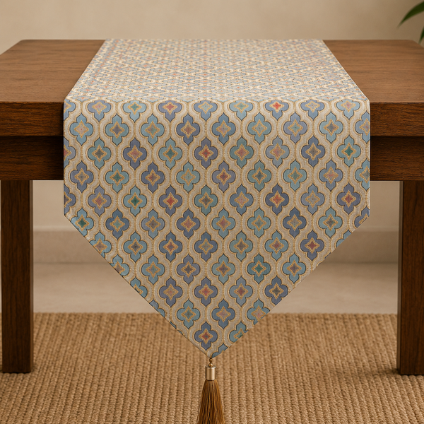 Patterned table runner with tassel on a wooden table