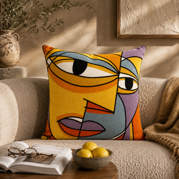 Colorful abstract pillow on a couch with a bowl of lemons and an open book in the foreground.