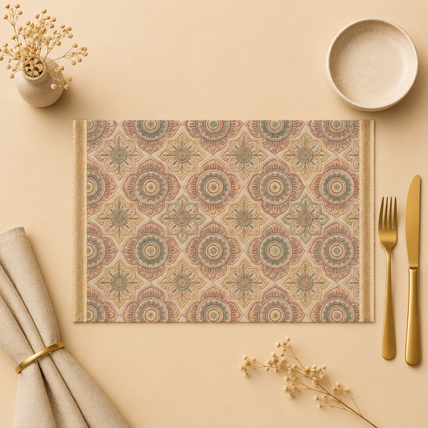 Patterned placemat with cutlery and decor on a beige background