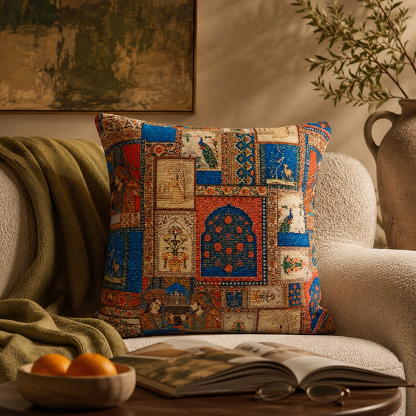 Mughal Art Inspired Cushion Cover | Luxury Handmade Decorative Pillow