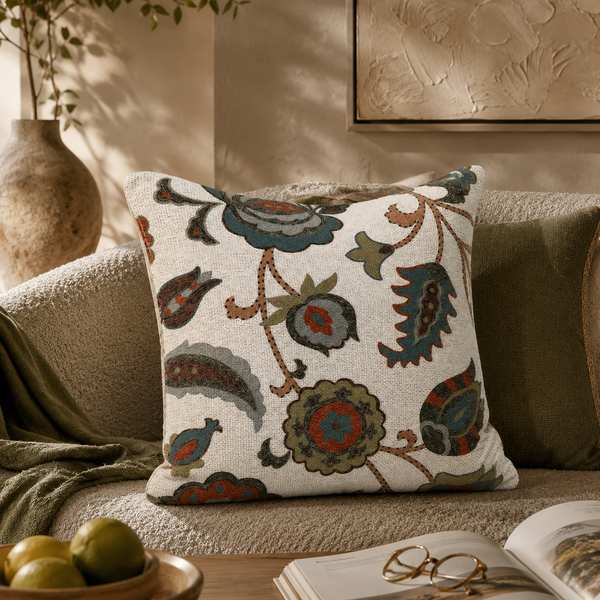 Decorative pillow with floral pattern on a couch in a cozy living room setting.