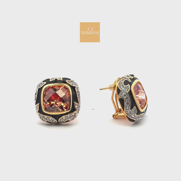 Elegant Orange Gemstone Earrings with Black Meenakari work