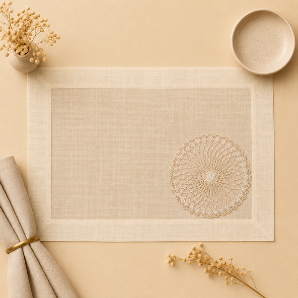 Beige placemat with decorative center on a matching surface, surrounded by dried flowers and a ceramic plate.