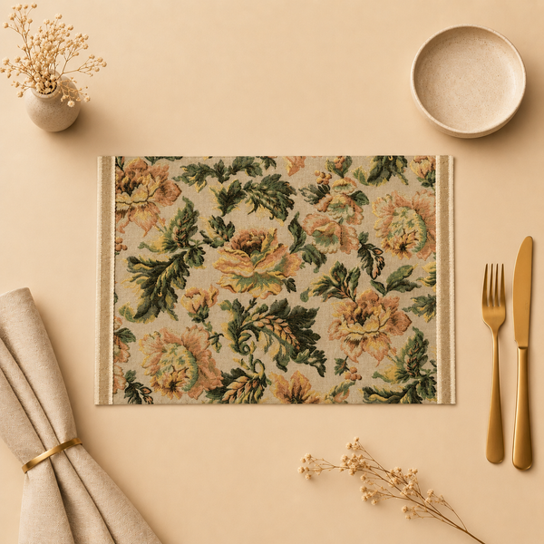 Floral-patterned placemat on a beige surface with cutlery and decor items.