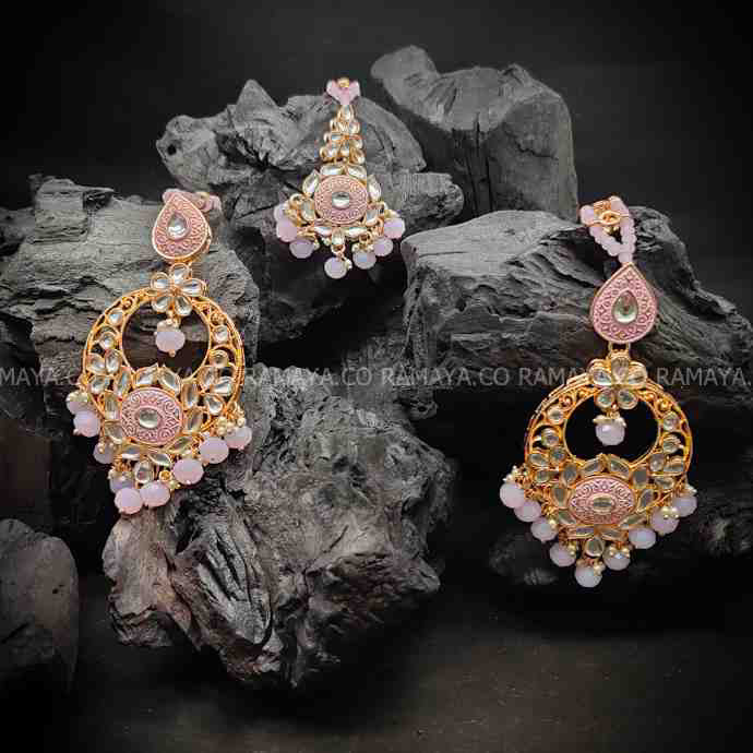 Earring with Maang tikka kundan stone pink droplet